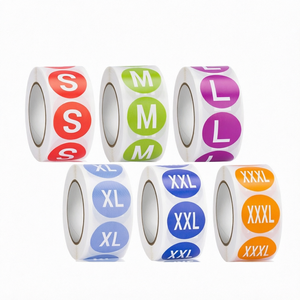 Rolls of colored round size stickers with printed letter markings.