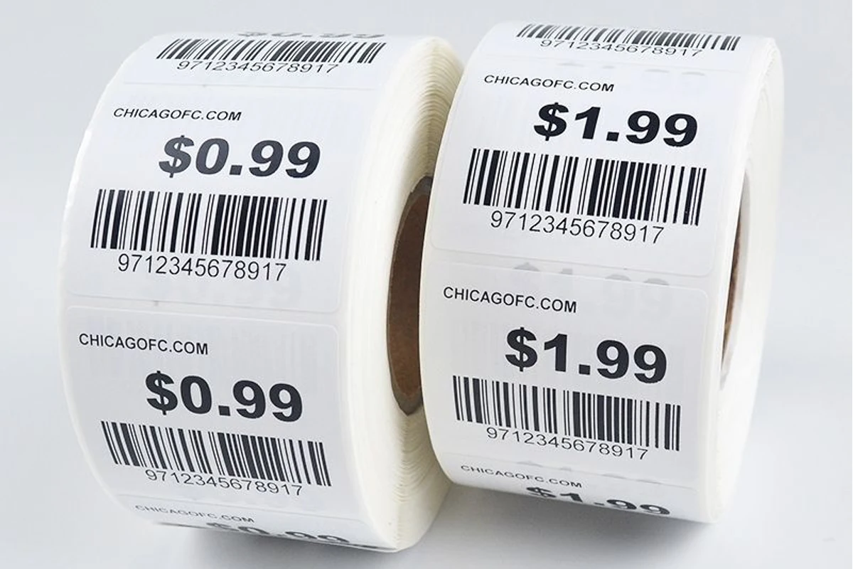 Two rolls of rectangular price labels with bold prices and barcodes.