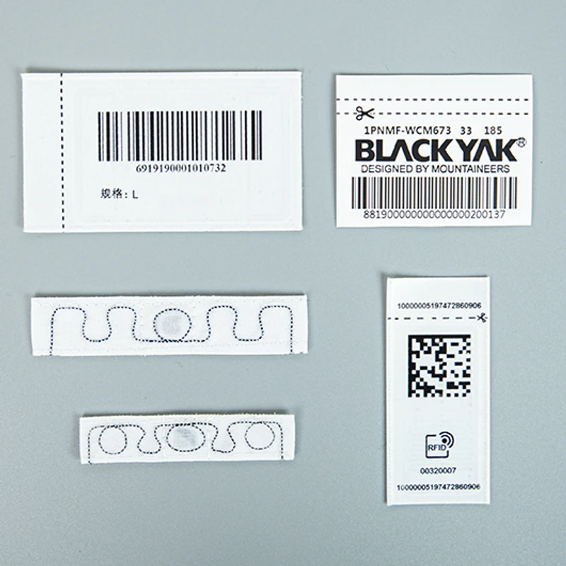 Barcode labels, a QR code label and RFID antenna samples.