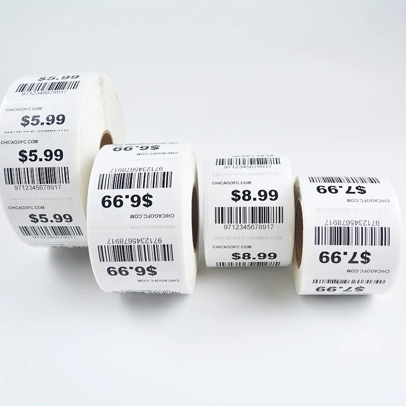 Four rolls of printed barcode and price labels.