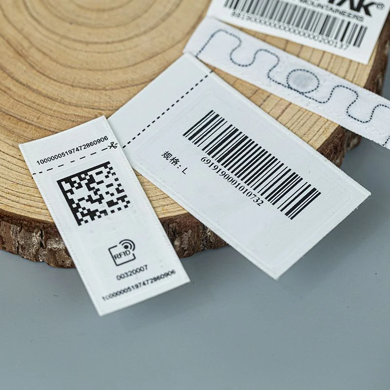 A Data Matrix identification label beside barcode and RFID samples.