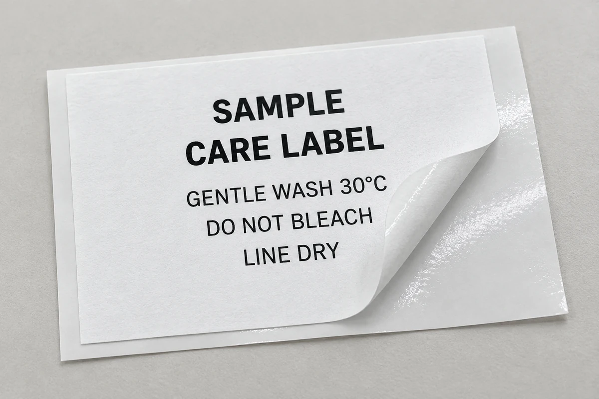 A care-label design sample partly peeled from its release backing.