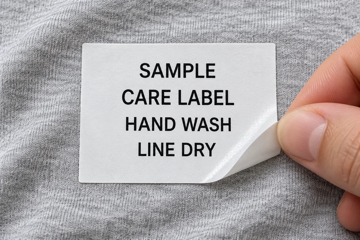 A care-sticker design sample with one corner lifted from fabric.