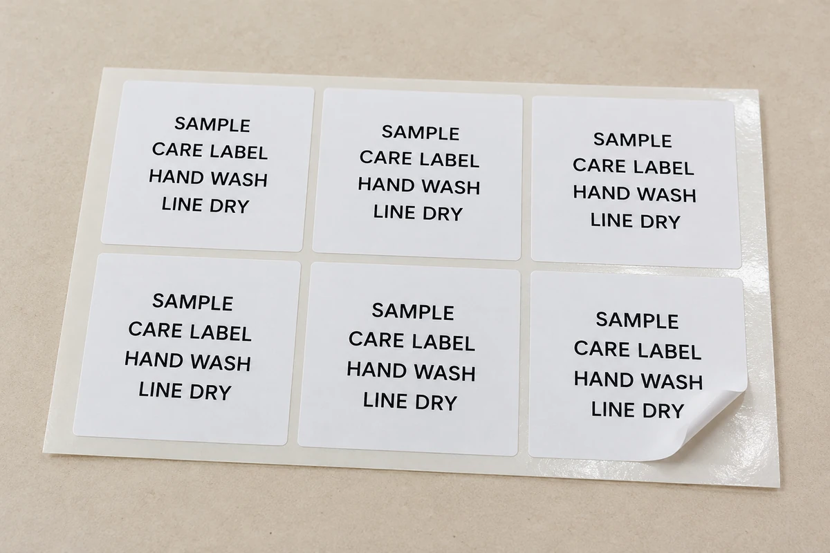 A sheet of care-label design samples on release backing.