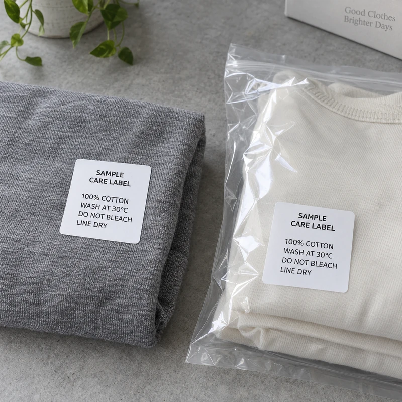 Sample adhesive care stickers applied to folded fabric and a clear garment bag.