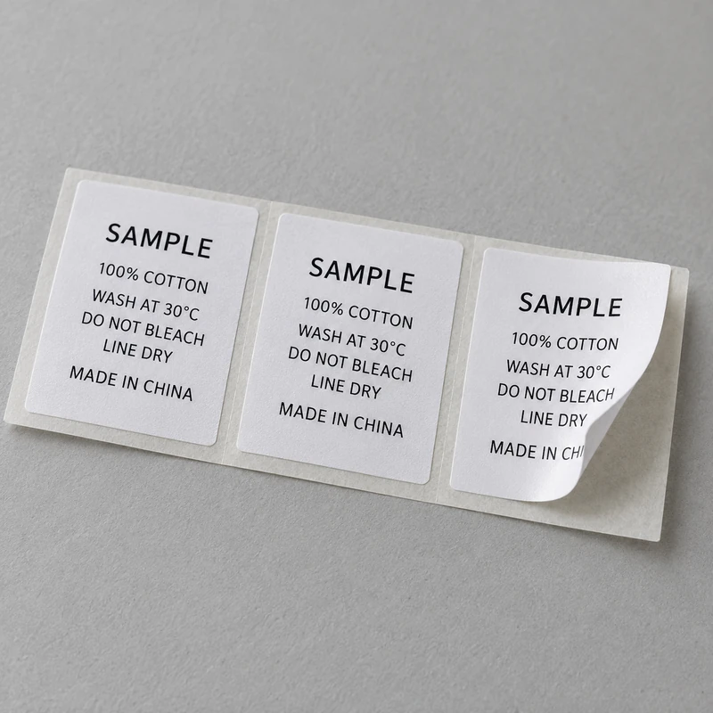 Sample care stickers combining fiber content, care instructions and country of origin.