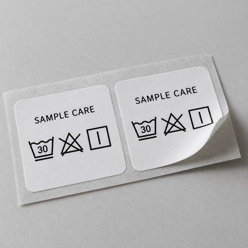 Sample care stickers with mild wash at 30 degrees, do not bleach and line dry symbols.