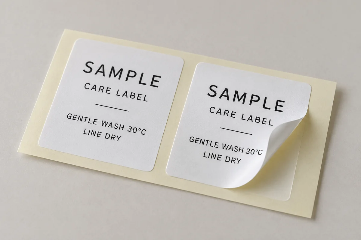 Design example of a garment-care sticker peeled from its release liner.