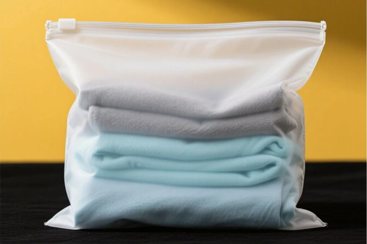 A frosted zipper bag holding neatly stacked garments on a yellow background.