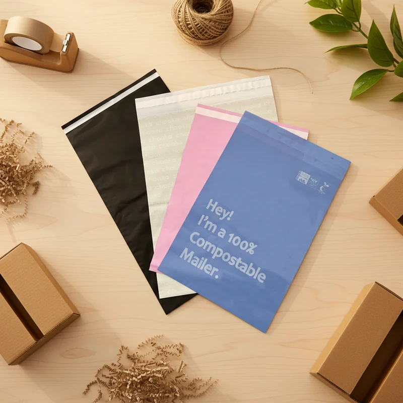 Flat mailer-bag samples in black, white, pink and blue on a packing table.