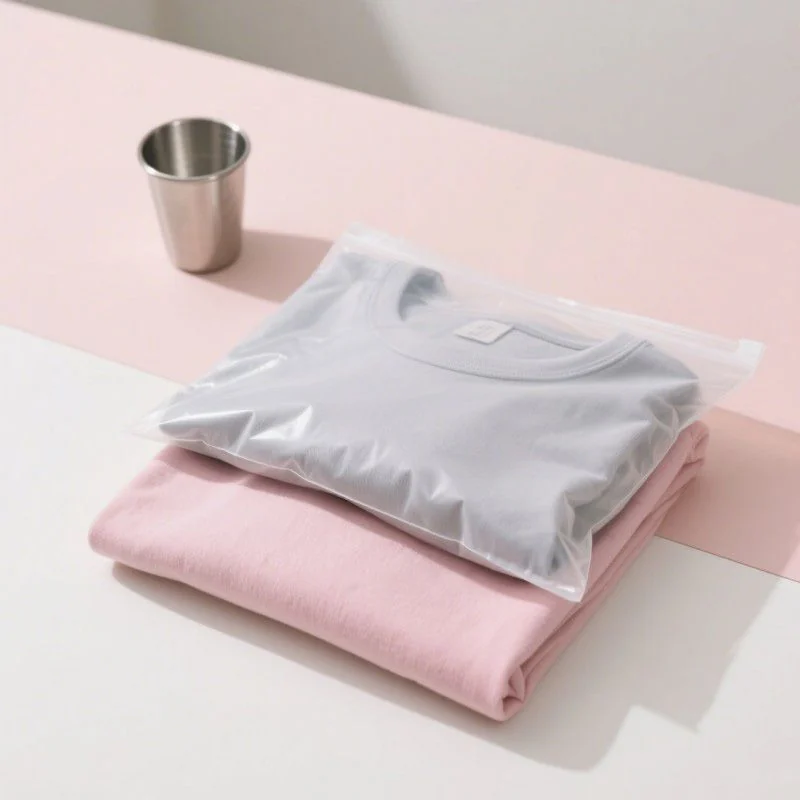A zipper garment bag holding a folded gray shirt.