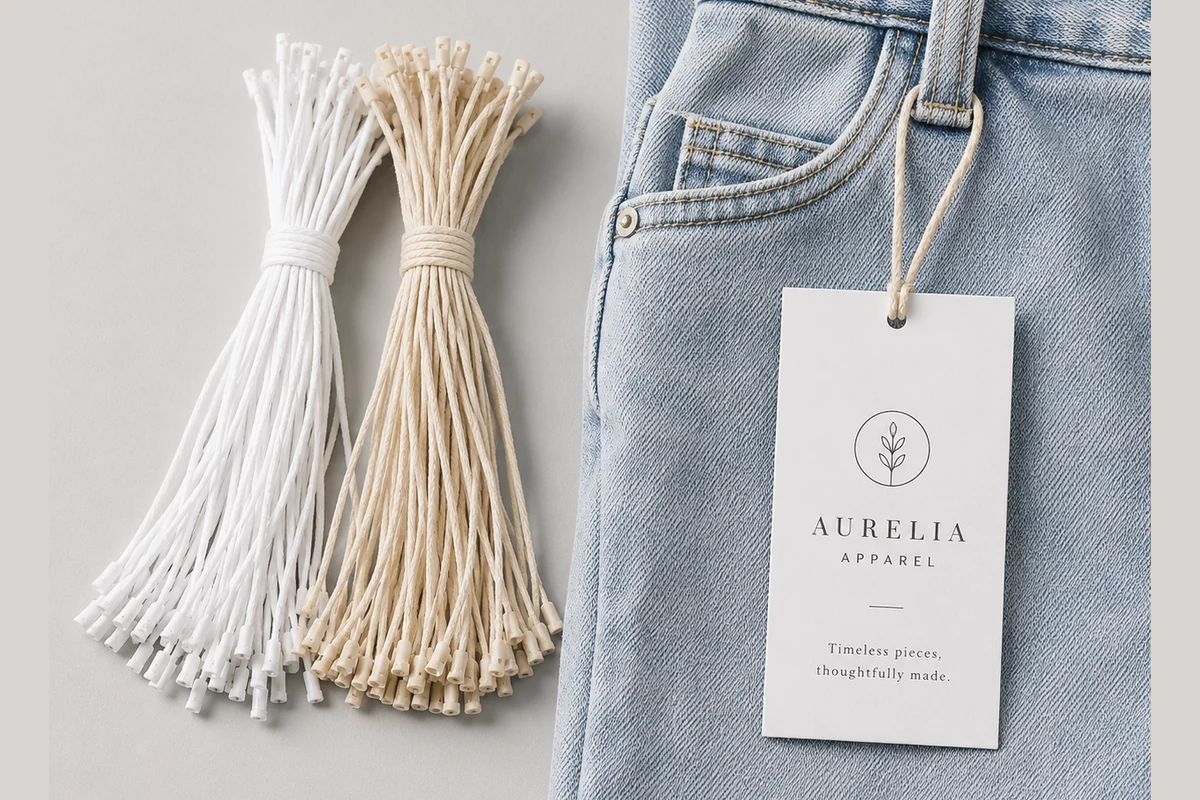White and beige cord bundles beside a hang tag attached to jeans.