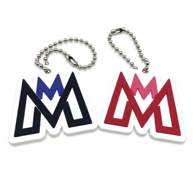 Silver ball chains attached to molded logo tags.