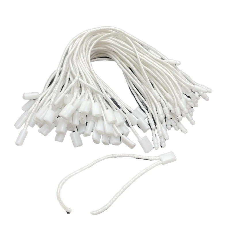 White tag cords with plastic locking ends and a separate open loop.