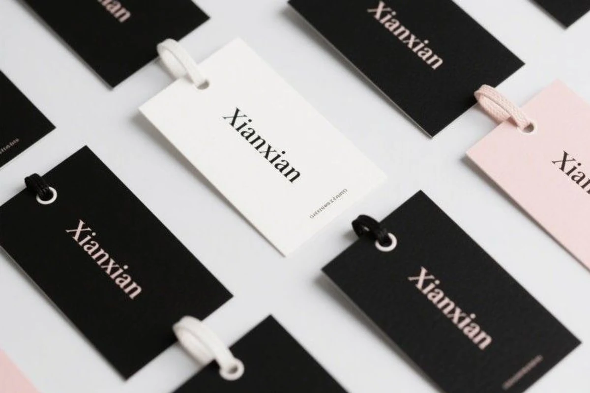 Close-up of black, white and pink hang tags with cord attachments.