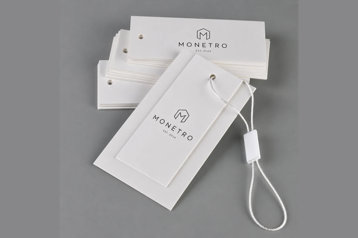 White rectangular hang tags with locking loop attachments.