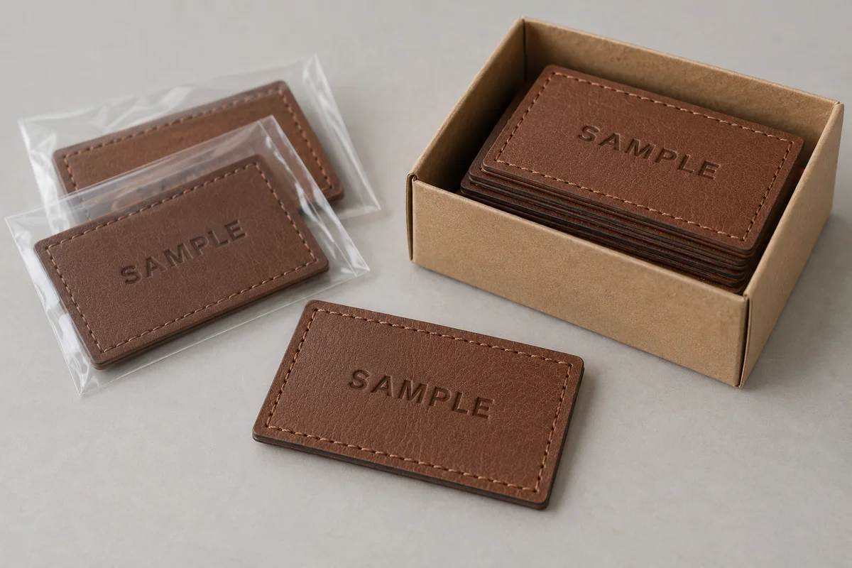 Design example of leather label samples packed flat in an inner box.
