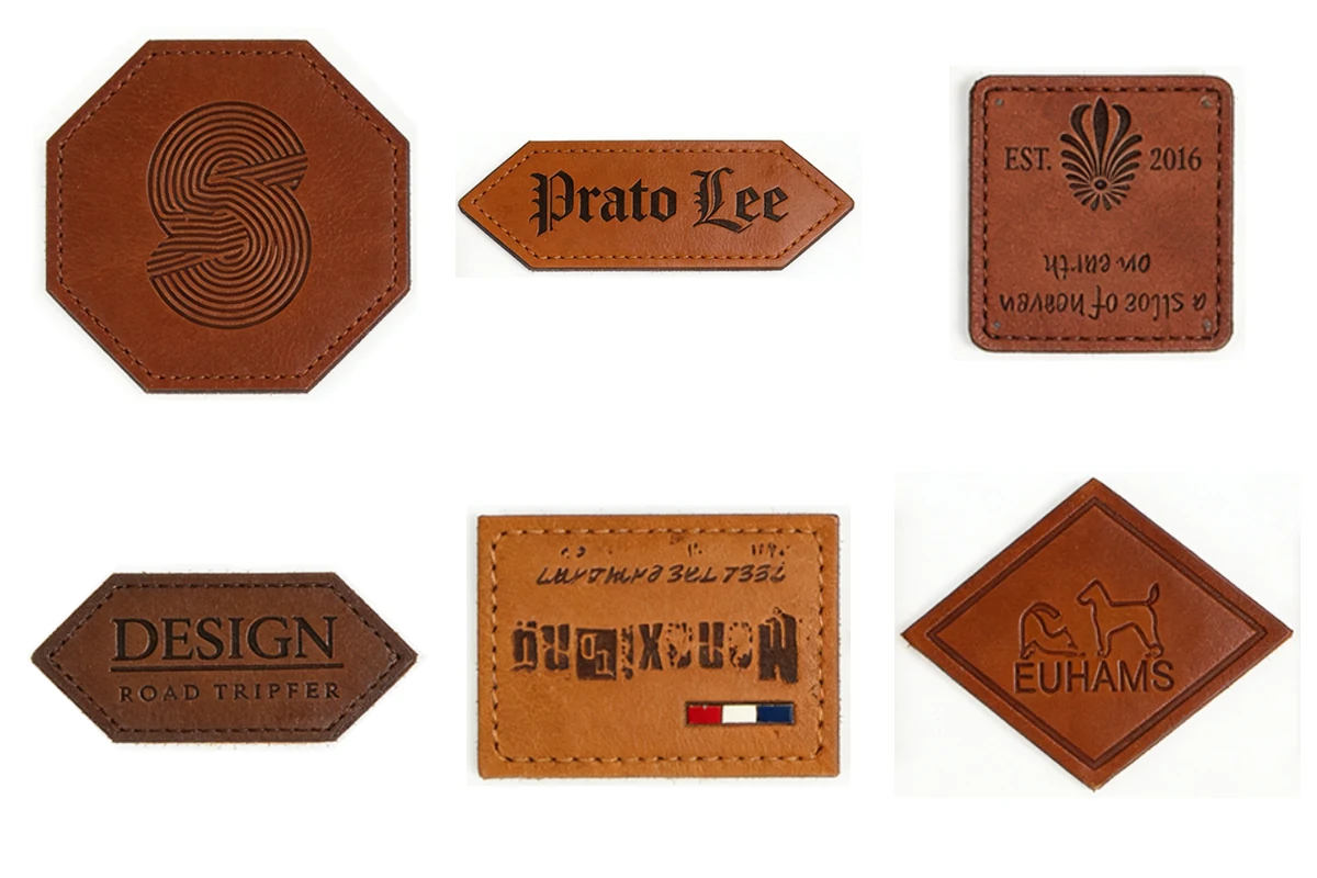 Leather label samples in rectangular and angular shapes.