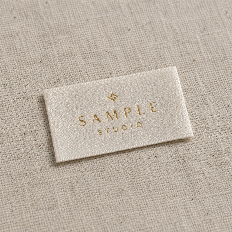 Design example of a cream fabric label with gold printed lettering.