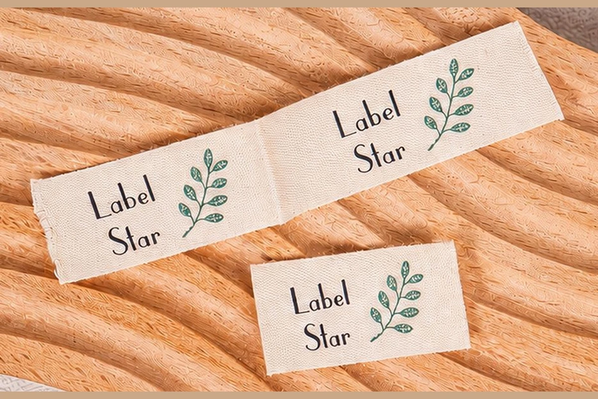 Cream fabric labels with green leaf motifs and black printed wording.