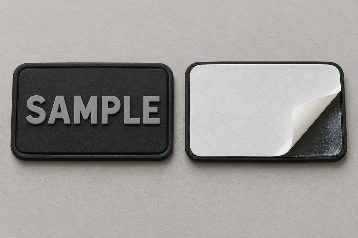 Adhesive-backed PVC patch design sample showing a molded SAMPLE face and a peeled release-paper corner.