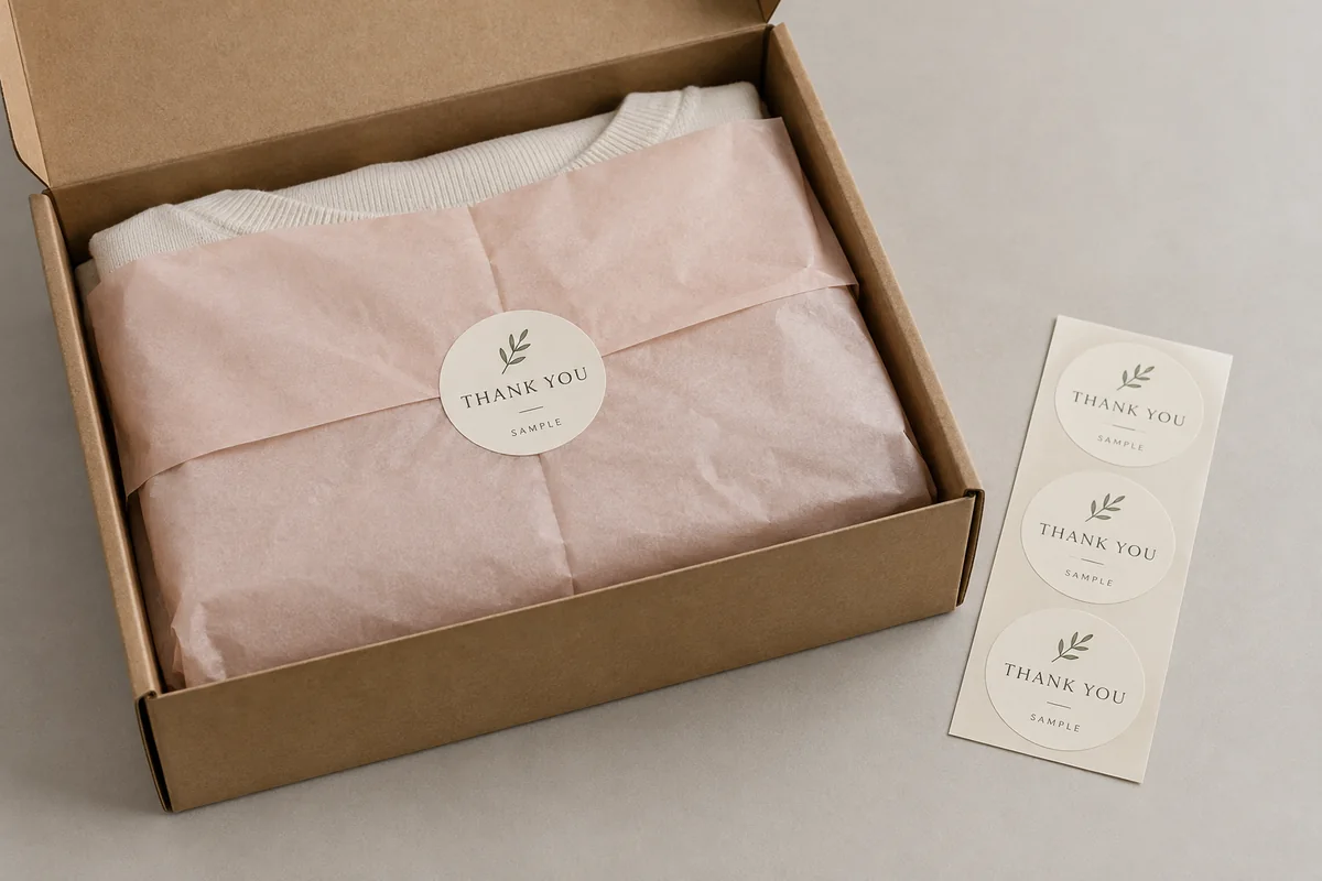 Design example of a Thank You seal on tissue-wrapped garment packaging.