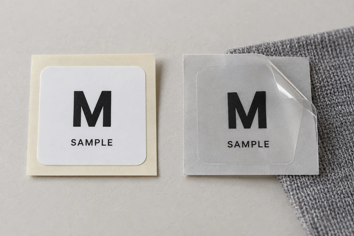 Design example comparing paper and transparent-film size stickers.