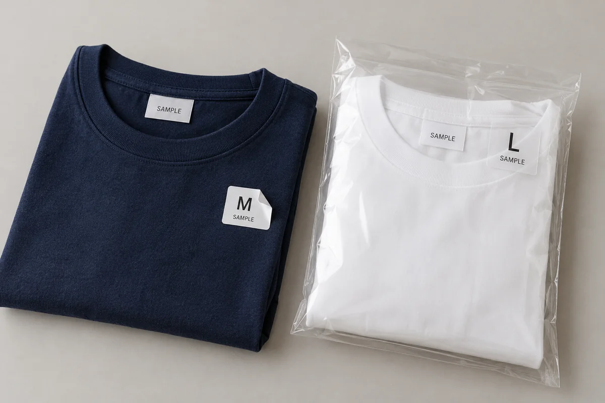 Design example of size stickers on garment fabric and packaging.