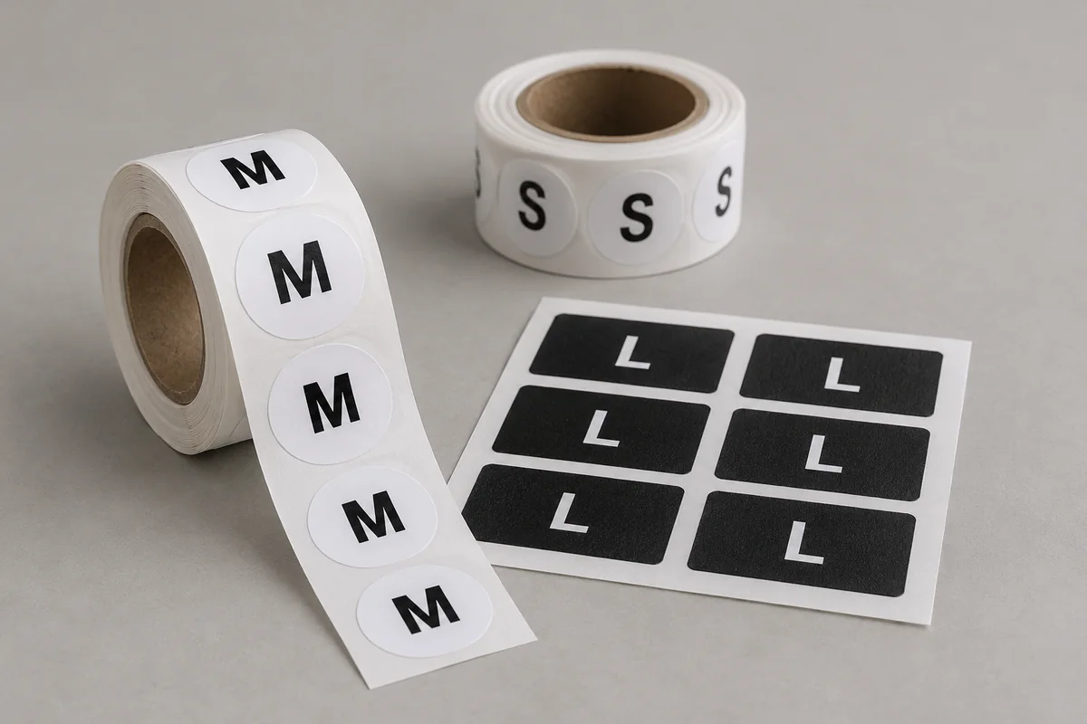 Design example of size stickers supplied on rolls and sheets.