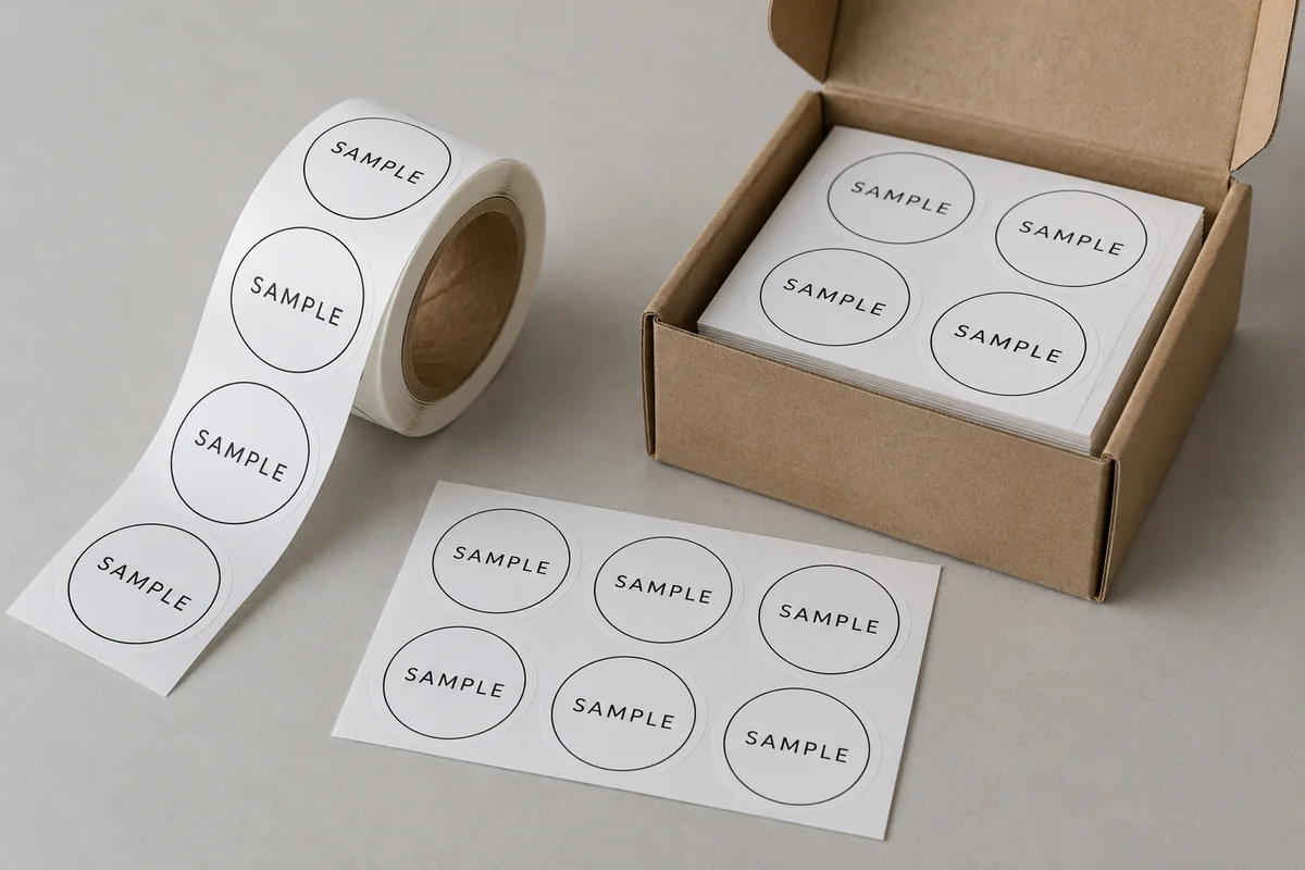 Design example of custom stickers on rolls and sheets with inner packing.