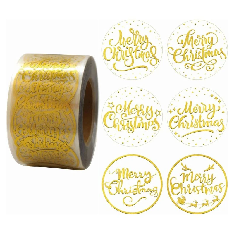 A roll of round stickers with gold-colored lettering and several design examples.