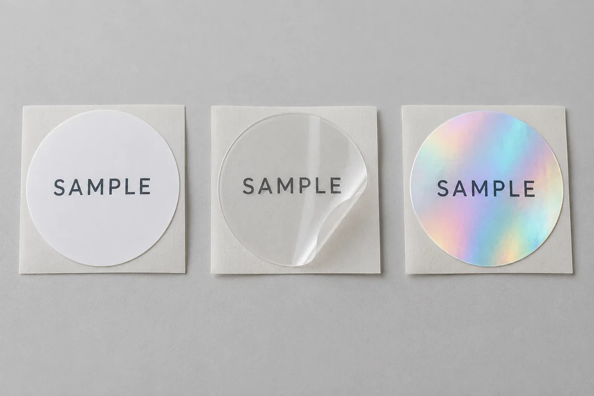 Design example of paper, clear-film and holographic sticker materials.