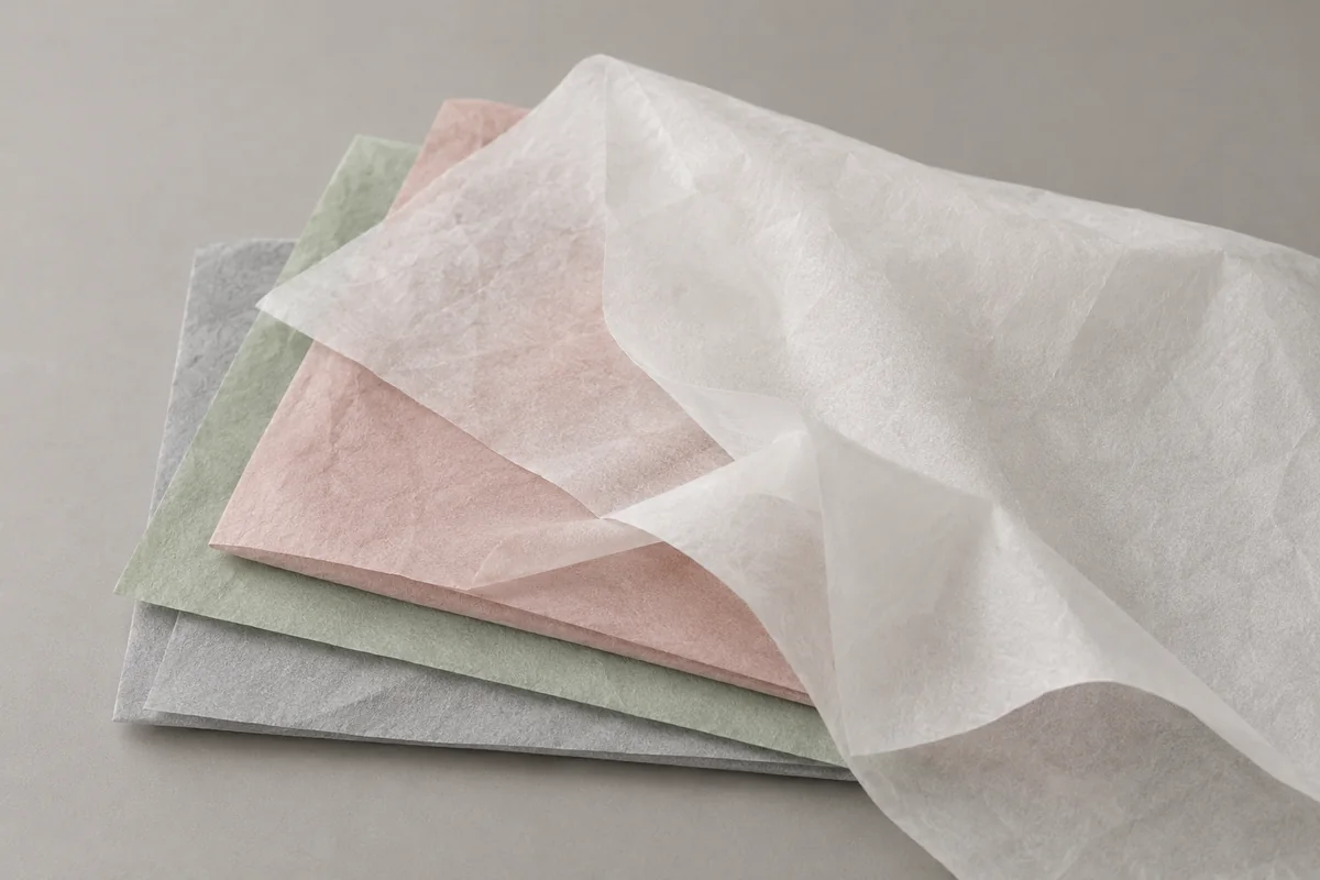 Design example of thin tissue-paper samples in white and muted colors.