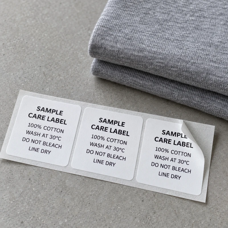 Sample adhesive garment care stickers on release liner beside folded cotton fabric.